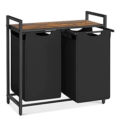 VASAGLE Laundry Hamper, Laundry Basket, Laundry Sorter with 2 Pull-Out and Removable Bags, Shelf, Metal Frame, 2 x 12.1 Gallons (46 L), 28.8 x 13 x 28.4 Inches, Ink Black and Rustic Brown UBLH201B01