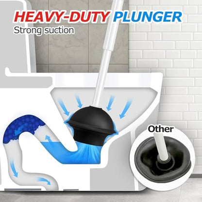 FORASTO 3IN1 Toilet Brush and Plunger Set with Holder Compact Cleaning Kit | White, long grip, suction cup, firm bristles, crevice cleaner, bathroom essentials for apartment, daily supplies