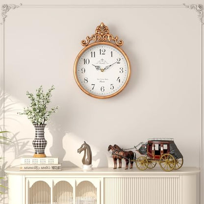 Small French Decorative Wall Clock, Gold Antique | Vintage Boho Style, Silent Battery Operated Wall Clocks for Farmhouse,Kitchen,Bathroom,Bedroom (10.23" H x 7.7" W)