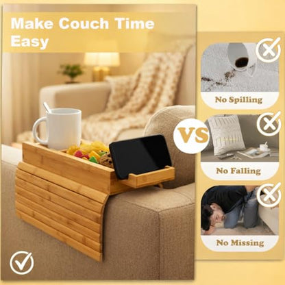 Bamboo Sofa Armrest Tray with Detachable Cup Holder, Foldable Couch Arm Table, Non-Slip Organizer for Drinks, Remote, Phone & Snacks, Space Saving Armrest Caddy for Sofa