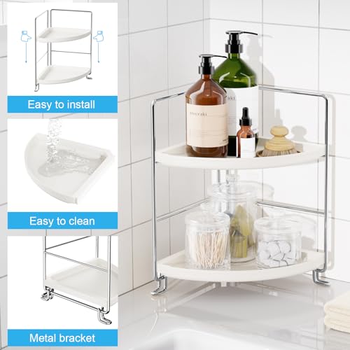 FSyueyun 2-Tier Corner Bathroom Counter Organizer, Vanity Tray, Silver | Plastic Bathroom Organizer Countertop for Skincare, Perfume, Makeup, Tool-Free Assembly, Small Bathroom Corner Tray Shelf