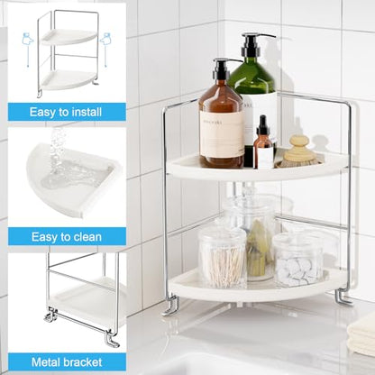 FSyueyun 2-Tier Corner Bathroom Counter Organizer, Vanity Tray, Silver | Plastic Bathroom Organizer Countertop for Skincare, Perfume, Makeup, Tool-Free Assembly, Small Bathroom Corner Tray Shelf