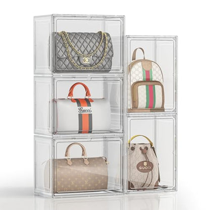5 Pack Purse Organizer for Closet, Handbag Storage Organizer Stackable Display Case with Magnetic Door, Closet Storage Bins for Handbag, Purse, Backpack, Collectibles, White
