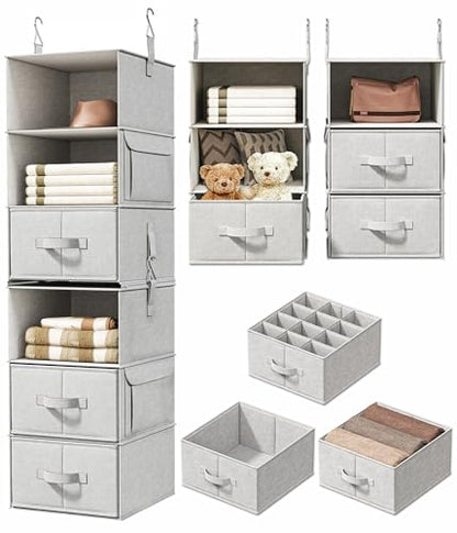 6-Shelf Hanging Closet Organizer with 3 Drawers, 2 Separable 3-Shelf Closet Organizers and Storage for Wardrobe Organization, Hanging Dresser for Nursury & Dorm Clothes Organizer