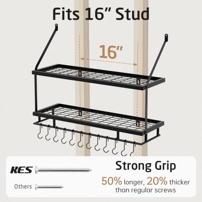 KES 30-Inch Kitchen Pot Rack - Mounted Hanging Rack for Kitchen Storage and Organization - Matte Black 2-Tier Wall Shelf with Guard Rail for Pots and Pans Organizer with 12 Hooks - KUR215S75B-BK
