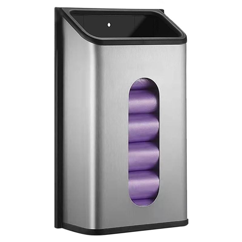 Plastic Bags Holder Grocery Dispenser for Kitchen Trash Bag Storage with Stainless Steel Front, Wall Mounted with Extra Wide Easy Access Openings