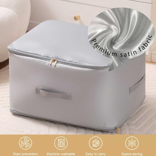 Comforter Storage Bag, Bedding & Blanket Self Compression Storage Organizer | Compression Storage Bag for Blanket Storage, 3-Layer Thick Satin Fabric Heavy Duty Bags for Pillow Duvet (Gray, XL)
