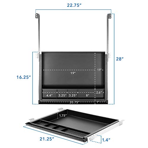MOUNT-IT! Large Under Desk Pencil Drawer 16 inch Deep | 21.25” W, Ball Bearing Slide-Out Organizer for Office Supplies, Paper & Pencils | Fits Desks Over 1” Thick, Adjustable Extension 16.25”–28”