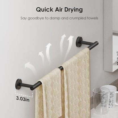 FORIOUS Bathroom Accessories, 4-Piece Bathroom Hardware Set - 24" Towel Bar | Matte Black | Towel Hooks, Towel Racks for Bathroom, Toilet Paper Holder Wall Mounted & Towel Ring | SUS304 Stainless Steel