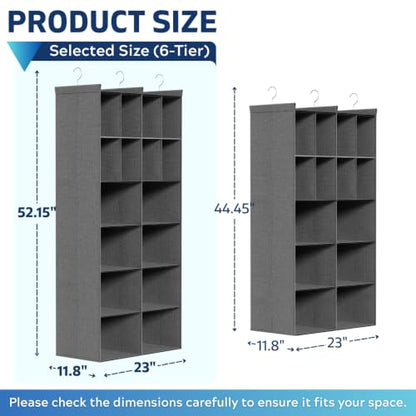 6 Tier Hanging Closet Organizer, 16 Compartments Dual Row Storage, Grey | Closet Organizers and Storage with Large & Small Pockets, 3 Sturdy Hooks Support Heavy Loads, Ideal for Dorm, Garment Rack