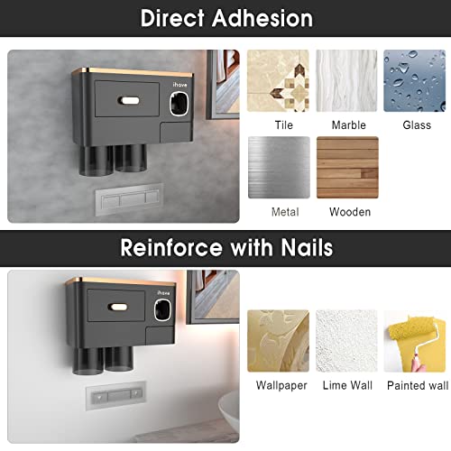 iHave Toothbrush Holders Bathrooms Wall Mount Toothpaste Dispenser & 2 Cups | Luxury White & Gold Bathroom Decor:2 Cups, 6 Slots, Toothpaste Dispenser, Large Tray & Drawer Wall Mount Toothbrush Organizer