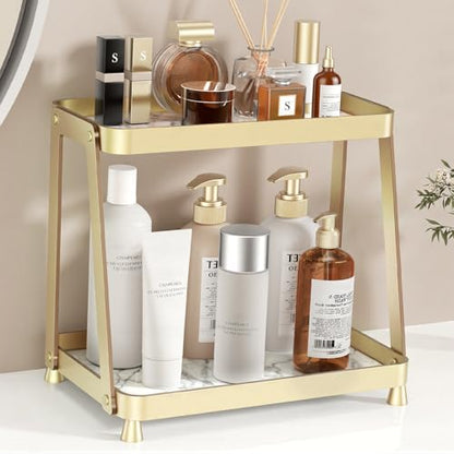 2-Tier Acrylic Bathroom Vanity Organizer, Gold | Bathroom Counter Storage Shelf with Marble-Look Tray, Holds Cosmetics, Perfume, Makeup & Skincare Products