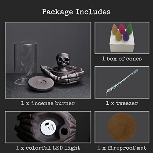 Skull Incense Burner Holder - Backflow Waterfall , LED Ceramic Unique Skeleton Incense Burner with 15 Incense Cones for Halloween/Aromatherapy/Yoga/Home/Room/Office Deco