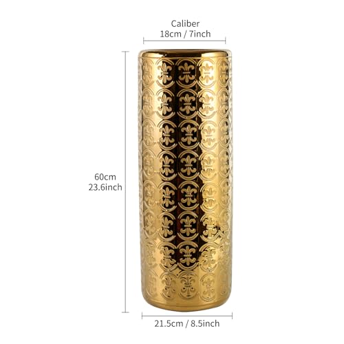 ZOEJADE 24" H Golden Ceramic Umbrella Holder Entryway Decor Umbrella Stand | Shining Luxury Style Indoor Decor Porcelain Large Floor Vase for Storing Umbrellas Walking Sticks Canes Golf Clubs