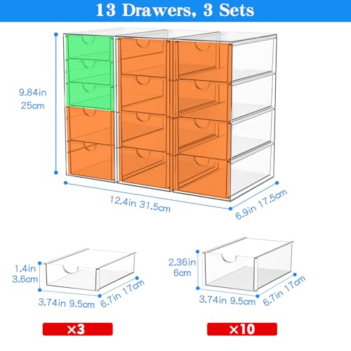 Acrylic 13-Drawer Storage & Makeup Organizer for Desk, Bath | Smooth-glide drawers, clear acrylic, stackable, dustproof, wipe-clean, for eyeliners, lip liners, markers, push pins,pen