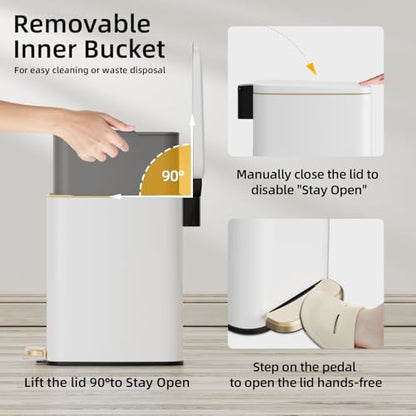 KUK Slim Bathroom Trash Can with Lid, 1.6 Gal / 6L Stainless Steel Small Garbage Bin with Detachable Inner Bucket, Step Pedal, Silent Close, Wastebasket for Toilet, Bedroom, Home, Office (White)