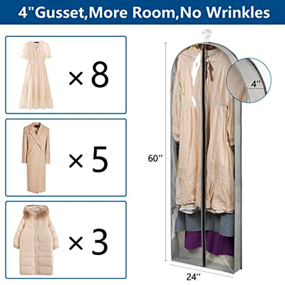 3 Pack 60" Long Garment Bags for Hanging Clothes Storage | Clear Suit Garment Bags with 4" Gussets for Closet Storage Travel Plastic Protector for Dress Gowns, Coats, Suit, Down Jacket