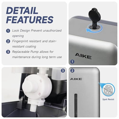 AIKE Liquid Commercial Soap Dispenser,27oz for Bathroom Sleek Silver,AK1006 | No-Drill and Screw Dual Wall Mount Install Design for Space-Saving,Easy Push Easy Refill and Large Capacity for Commercial