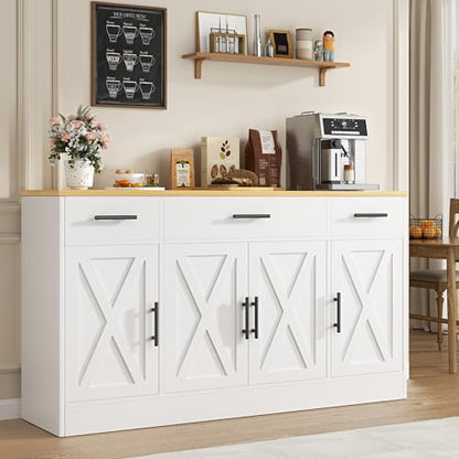 Vongrasig Buffet Cabinet with Storage, Farmhouse Coffee Bar Cabinet with Drawers, 53” Large Modern Sideboard Buffet with Adjustable Shelves for Kitchen, Dining Room, White