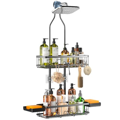 Skyapex Shower Caddy Hanging Over Shower Head, Adjustable, Black | Adjustable height fits tall bottles up to 18 inches; anti-sway design holds 40 lb; quick-drain steel; includes 2 soap trays.