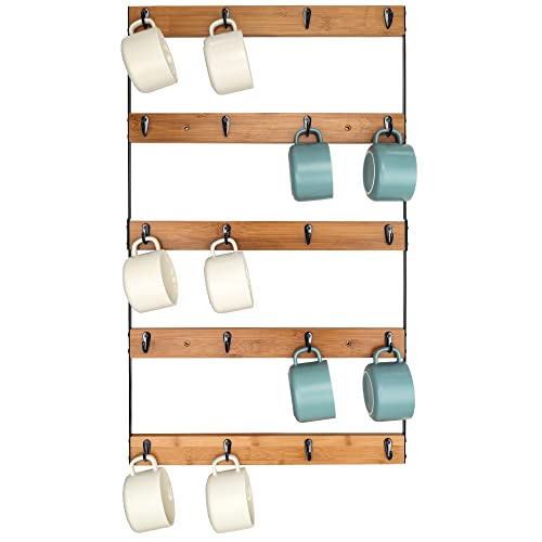 Wall Mounted Coffee Mug Holder, Large 5 Tier Shelf with 20 Hooks for Cups, Rustic Wooden Display Rack for Kitchens, Homes and Bars (Bamboo)
