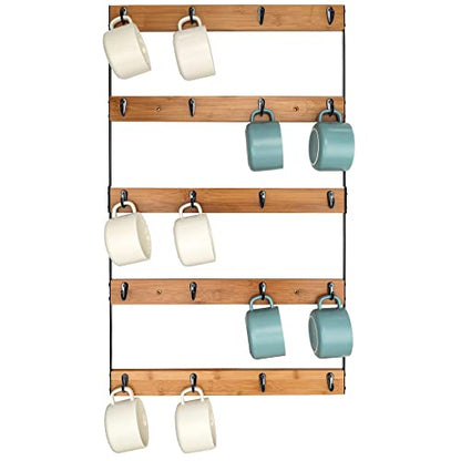 Wall Mounted Coffee Mug Holder, Large 5 Tier Shelf with 20 Hooks for Cups, Rustic Wooden Display Rack for Kitchens, Homes and Bars (Bamboo)