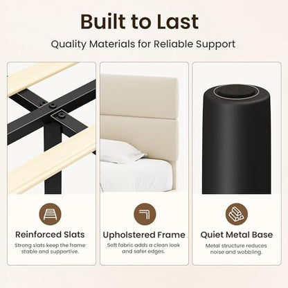Queen Size Platform Bed Frame with Velvet Headboard, Adjustable Height Wooden Slats Support, Upholstered Mattress Foundation, Fits Mattress or Mattress with Box Spring, Easy Assembly, Beige