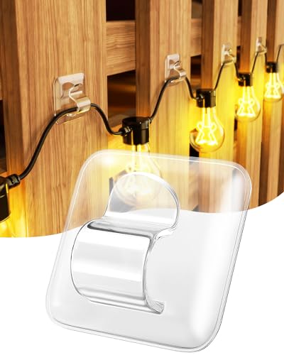 LZC 25 Pack Clear Adhesive Strips Hooks for Outdoor String Lights Clips | Large Square Heavy Duty Waterproof Sticky Light Hook Outside Hanging Rope Christmas Light Cable Cord Holders Organizer