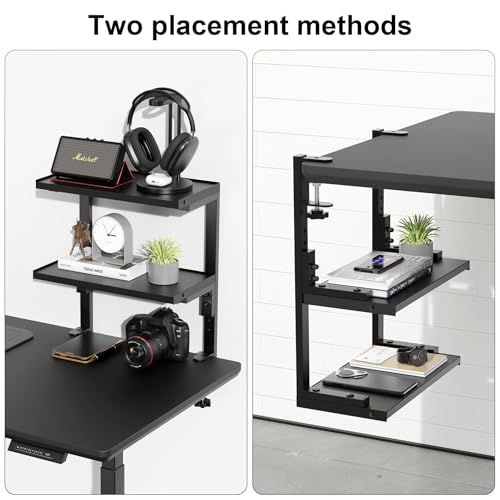 2 Tier Clamp on Desk Shelf | Office Desk Shelves Organizer, Wood Desktop Supplies Storage Rack, Desk Organizers and Accessories (Black)