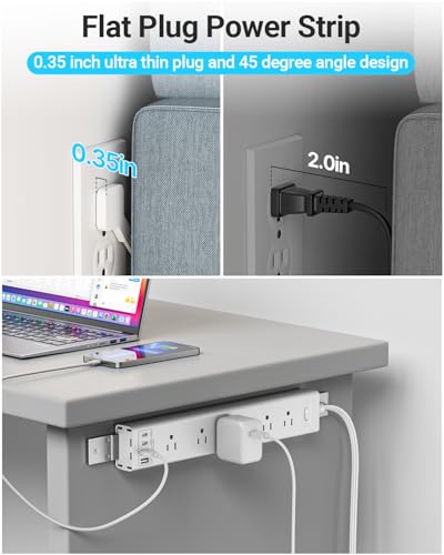 360° Mountable Surge Protector Power Strip with 4 USB Ports (2 USB C), 6 FT Electrical Outlet & Flat Plug Extension Cord for Under Desk, Wall, or Corner Mount (White)