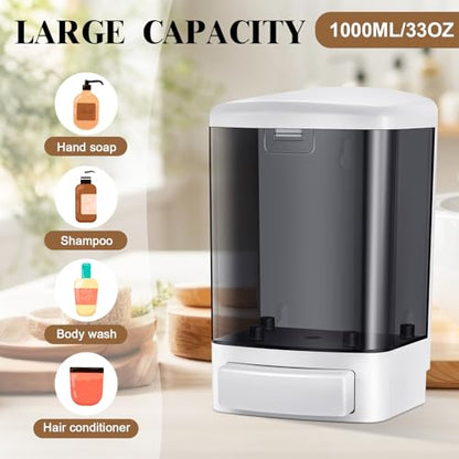 Hushee 2 Pcs Commercial Soap Dispenser Hand Wall Mounted Bathroom 33.8oz/1000ml Manual Soap Dispenser Liquid Containers with Pump Black Shower Plastic Wash Wall Container Shampoo Gel for Kitchen Hotel