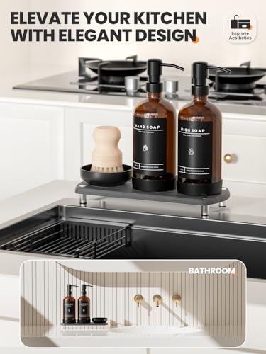 [Luxury] Kitchen Soap Dispenser Set - 16OZ Amber Glass Bottle, Stainless Steel Pump, Instant Dry Tray, Waterproof Labels, Non-Slip Silicone Pad, and Dish Brush | Upgrade for Your Kitchen and Bathroom