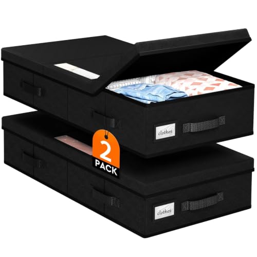StoreHappily Under Bed Storage Containers with Lids, 2 Pack Foldable Black | Storage organizer, Stackable Clothes Storage Bags, For Blankets Pillows Clothing, Clear Window, 3-Sided Handles, Label Slot