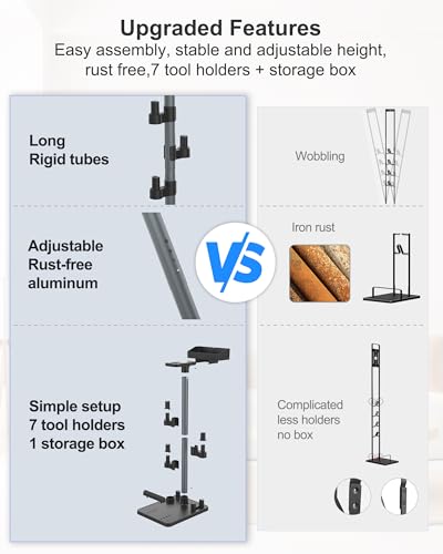 Cordless Adjustable Vacuum Cleaner Stand for Max. 1-4/5" Vac Wand, Universal Stick Vacuum Docking Station, Height Adjustment, 7 Accessory Holders, Storage Box, Black