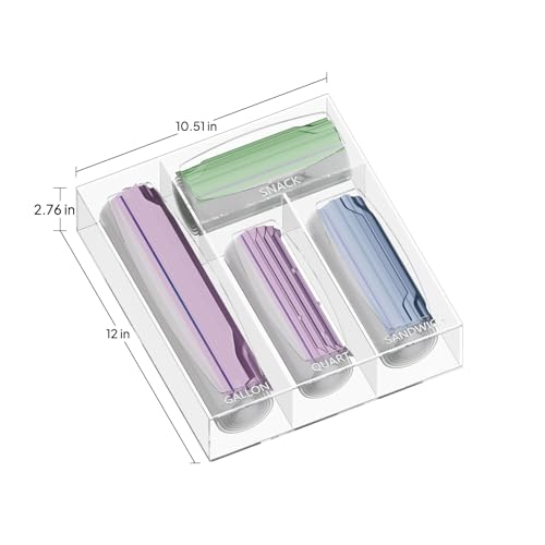 Aquiver Acrylic Bags Storage Organizer - Baggie Bags Drawer Organizer & Plastic Food Storage Bags Holder - Compatible with Gallon, Quart, Sandwich, Snap, Freezer, Slider Bags (Clear)