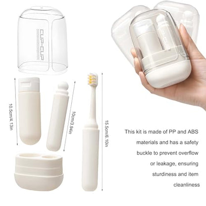 3-in-1 Toothbrush Travel Case Kit - Foldable with Mouthwash Cup, Toothpaste Dispenser, Portable Tooth Brush Holder for Camping, Business Trips, and Daily Use (Cream)