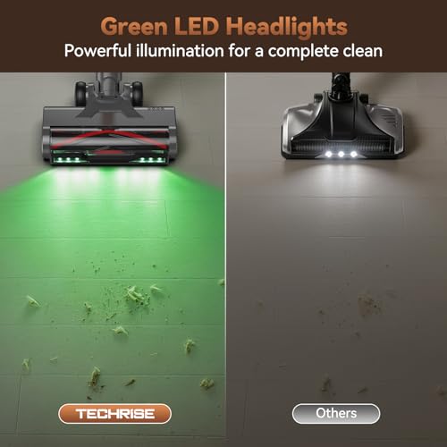 TechRise Cordless Vacuum Cleaner 650W 55KPa with Green Headlight | 70-Min Runtime, Anti-Tangle Brush, 8-in-1 Filter,LED Display,Handheld Design for Pet Hair, Carpet, Hard Floor and Home