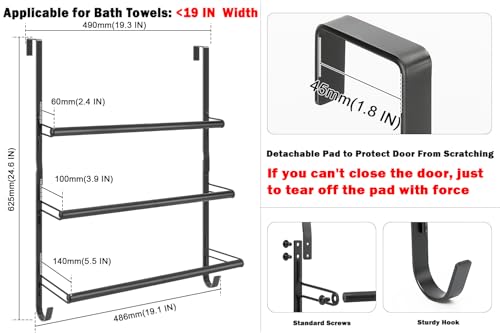 3-Tier Over The Door Towel Rack, All Metal Towel Rack with Hooks for Door Hanging, Behind Door Towel Bar Towel Storage Holder for Bathroom Accessories, Black (19.37" L x 5.9" W x 24.4" H)