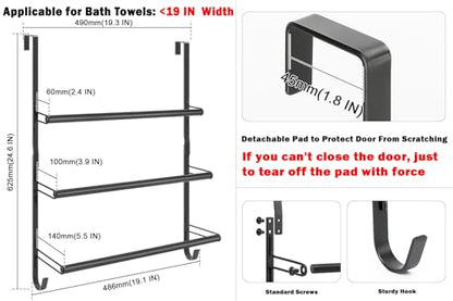 3-Tier Over The Door Towel Rack, All Metal Towel Rack with Hooks for Door Hanging, Behind Door Towel Bar Towel Storage Holder for Bathroom Accessories, Black (19.37" L x 5.9" W x 24.4" H)