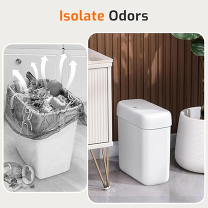Small Bathroom Trash Can with Lid, 2.6 Gallon Garbage Can with Pop-Up Lid | Press Top Lid, Dog Proof, Slim for Small Space, Premium Plastic, Easy to Use Waste Basket for Room, Office, Toilet, Rv, White