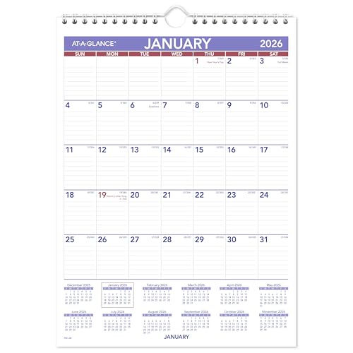 AT-A-GLANCE 2026 Wall Calendar, 8" x 11", Small, Ruled Blocks (PM12826)