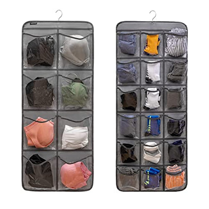 Dual-Sided Hanging Closet Organizer for Socks Underwear Bra Kids Storage Organizer for Baby Clothes Toddler Shoes with 26 Pockets (Grey-Clear Pockets)