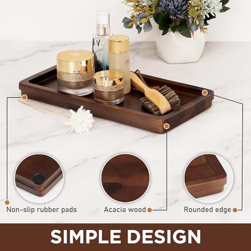 Bathroom Vanity Tray, Dark Brown Acacia Wood Tray, 11.8 x 5.9 in | Wooden Countertop Organizer for Cosmetics Jewelry Candle & Keys, Decorative Tray for Toilet Tank, Kitchen & Sink Decor