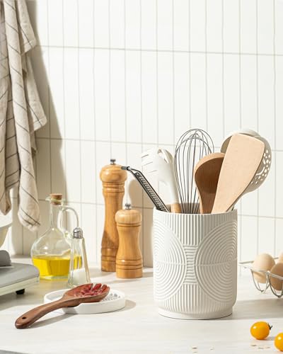 Utensil Holder, 7.2" Kitchen Utensil Holder for Counter, 2-in-1 Ceramic Cooking Utensils Holders with Spoon Rest, Utensil Crock for Spatula, Ideal Housewarming Gift (White)