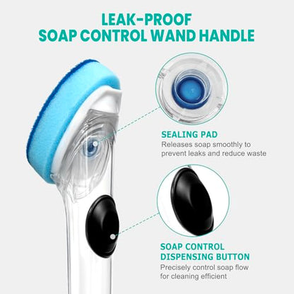 Dish Wand with Handle,Non-Scratch Dishwand Refills Replacement Sponge Heads | Leak-Proof Soap Control Dispenser Scrub Sponges, Advanced Scrubber Brush Pads for Kitchen Cleaning Dishes Sink Washing Tool
