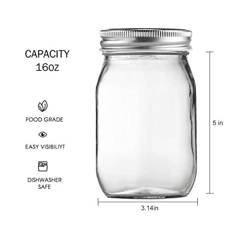 Glass Mason Jars, 16oz Regular Mouth Canning Jar with Airtight Lids, 4 Pack
