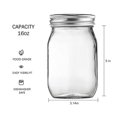 Glass Mason Jars, 16oz Regular Mouth Canning Jar with Airtight Lids, 4 Pack