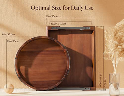 Acacia Wood Serving Tray with Metal Handle, 17x13in Tray for Ottoman | Decorative Food & Drink Tray for Coffee Table, Breakfast, Dinner, BBQ, Party, Lap, Couch, Rustic Home Decor, Elegant Gift Box