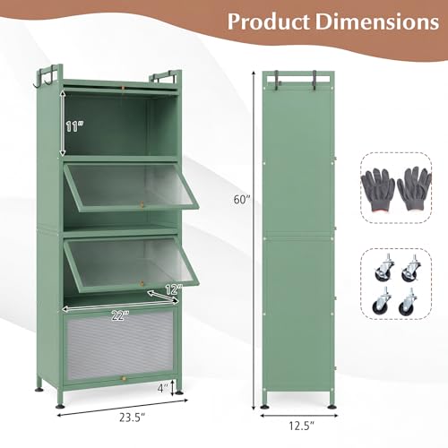 GIANTEX 5-Tier Kitchen Storage Cabinet, 4 PC Doors, Rolling Wheels, Green | Mobile Metal Pantry Cabinet with 4 Hooks & Adjustable Feet, 60" Baker's Rack Microwave Stand for Dining & Living Room