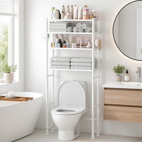 4-Tier Over The Toilet Storage Shelves, White | 200lb Total Capacity, Metal Bathroom Organizer with 36" Clearance, Includes Paper Holder & 4 Hooks, Suit for Small Space